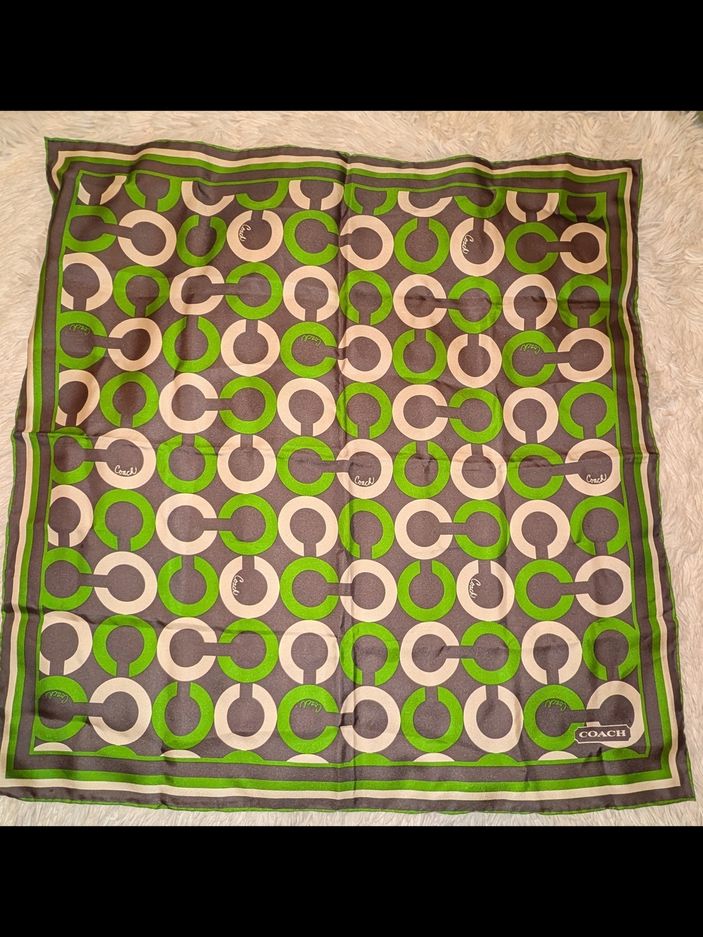 Coach Green & Gray Signature Pattern Silk Scarf 25" Square EUC